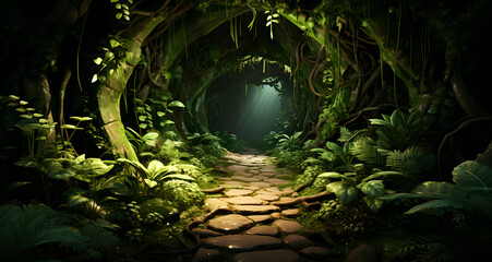 the pathway into a jungle with trees and plants
