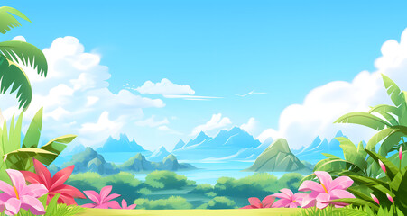 Fototapeta na wymiar a cartoon landscape with trees flowers and mountains