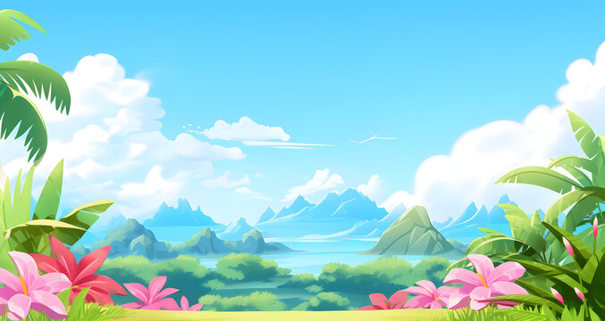 a cartoon landscape with trees flowers and mountains