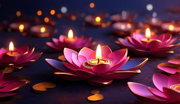  Generative AI   Happy Diwali, illustration Of Burning Diya On Happy Diwali, Diwali Celebration, Festival Of Lights With Background flores de loto junto a velas encendidas sobre fondo morado

 