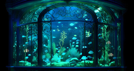 a large fish tank with aquariums and fishes