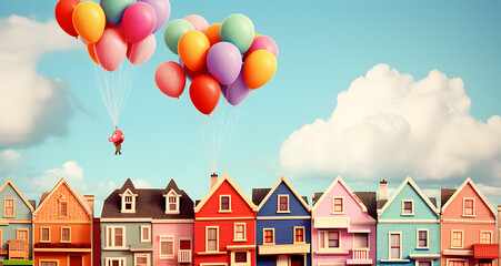 a row of colorful houses and balloons in front of them
