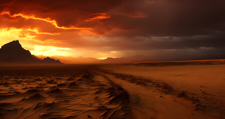 a desert with sand covered dunes and mountains in the background
