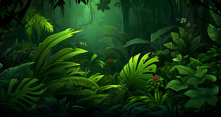a cartoon scene showing rainforest foliage