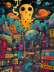 Comic Chaos: Abstract Vector Illustration of a Cityscape Teeming with Monstrous Intruders - Urban Anarchy, Surreal Skyscrapers, Vibrant Vector Art, Playful Comic Style, Monster Mash-Up