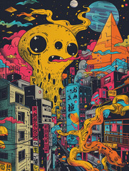 Comic Chaos: Abstract Vector Illustration of a Cityscape Teeming with Monstrous Intruders - Urban Anarchy, Surreal Skyscrapers, Vibrant Vector Art, Playful Comic Style, Monster Mash-Up