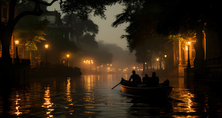 a boat with people sitting on it and walking through a river in the fog