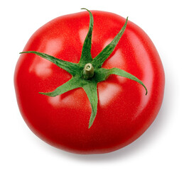 Tomato isolated. Tomato top view on white background. Tomato for top composition. With clipping path. Full depth of field.