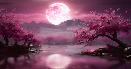 a full moon shines over a pink mountain range