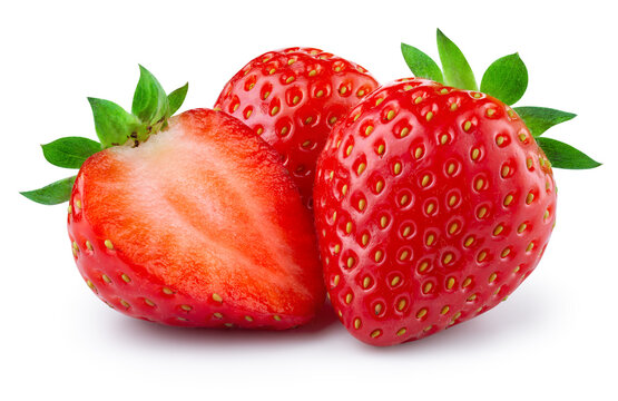 Strawberries isolated.&nbsp;Strawberry whole and half on white background. Side view strawberry with leaf. Perfect retouched. Full depth of field. With clipping path.