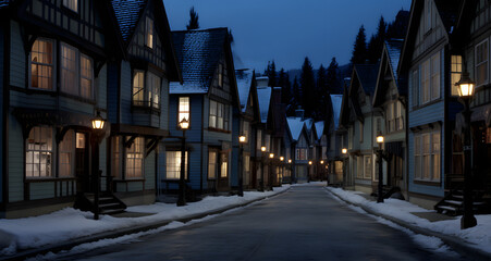 a snow covered street with houses and lanterns