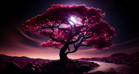 a large pink tree standing next to the sun in a field