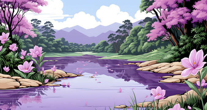 a purple forest by the water with some flowers in the water