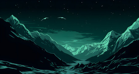 a poster featuring mountains in the night with two birds flying