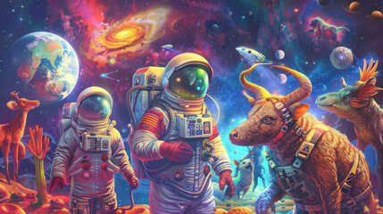 Experience the wonder of animals as they embrace the cosmos donning astronaut gear to embark on a cosmic journey of discovery and enlightenment in a realm where fantasy meets reality - obrazy, fototapety, plakaty