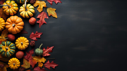 Thanksgiving and Autumn decoration concept made from autumn leaves and pumpkin on dark background 