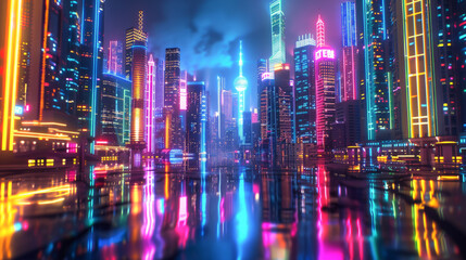 Neon plasma lights up utopia where beer rivers underpin city life - obrazy, fototapety, plakaty