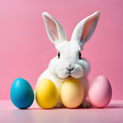 Fototapeta na wymiar Single White Rabbit with Four Colored Easter Eggs on Pink Background