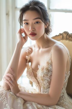 Professional Photography of a Romantic Bridal Photoshoot Featuring an Asian Top Model in Exquisite Wedding Gowns, Generative AI