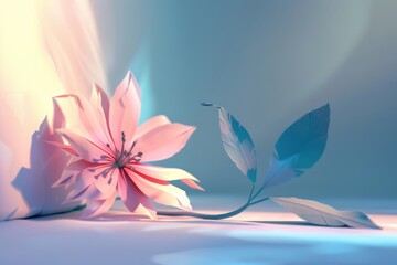 paper daisy is on a pale pink background, in the style of surreal 3d landscapes - obrazy, fototapety, plakaty