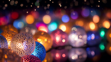Out of focus bokeh balls of colorful led light with dark background during Diwali festival in India