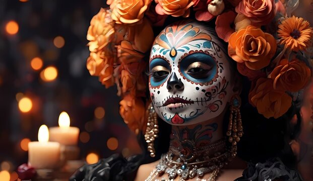 Generative AI  Sugar Skull Couture Photography A beautiful woman wearing a skeleton makeup with flowers on her face

