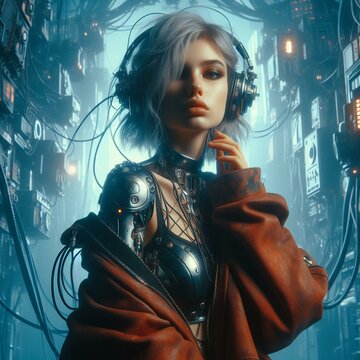 a girl in Cyberpunk style wearing headphones