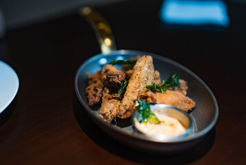 Eggplant pasta, onsen eggs, spiced chicken wings, fried food, restaurant food, casual...