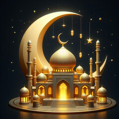 3d ramadan kareem golden moon with mosque  background Ai generative.