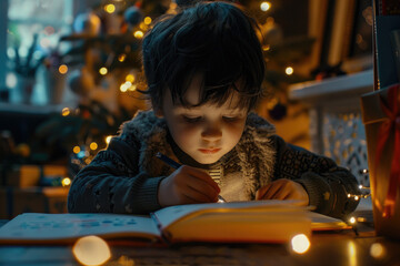 Cute little boy is writing wishlist letter to Santa Claus