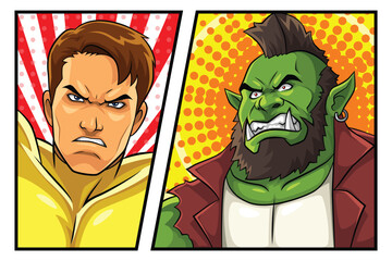 Hero VS Villain Comic Panel Cartoon Vector Pop Art