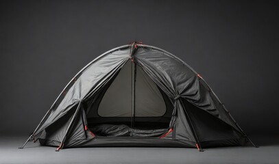 Dark modern camping tent on gray background - obrazy, fototapety, plakaty