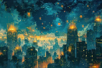 Deurstickers painting of Futuristic Cityscape at night, landscape background © Nittaya