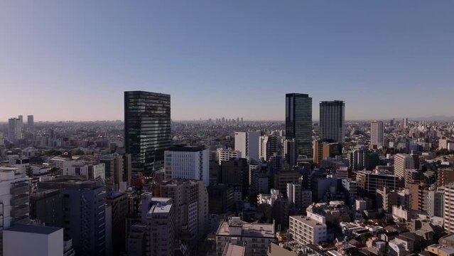 Forwards fly above city, black bird flying in footage. Cityscape with dense town development. Tokyo, Japan