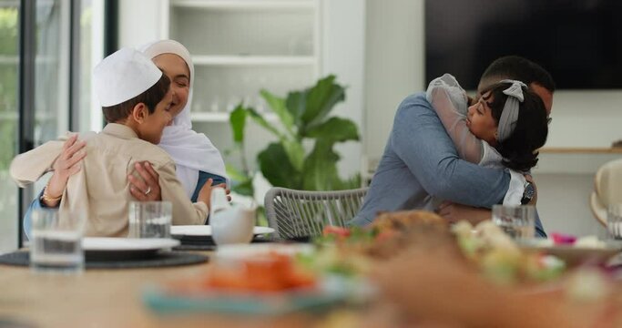 Food, Muslim parents and children hug in a house for a hello, reunion or welcome home gesture. Happy family, embrace or Islamic dad greeting excited kids siblings with love, support or meal at table
