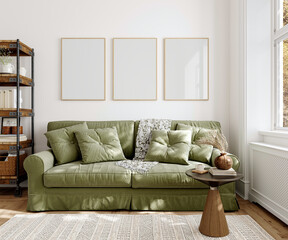 Free PNG frame mockup in Interior Living Room with transparent background, high quality 3 Vertical frame Mockups in interior Home, ratio 5x7, Scandinavian style, 3D rendering