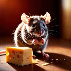 Cute mouse holding precious cheese, their valuable treasure