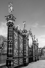 The Golden Gates, historical ornate Victorian gateway from 1862 located in front of the Town Hall in Warrington, Cheshire, England, UK; Text: 