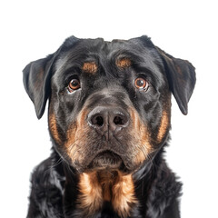 Close up of rottweiler dog face isolated on transparent background, cut out, png, cute dog