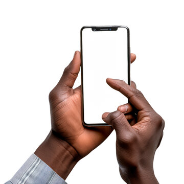 African American man holding mobile phone in hand isolated on transparent background, cut out, png, mockup