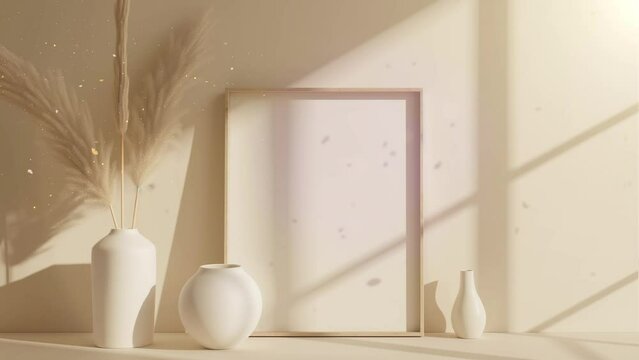 frame mockup interior in beige colors with side view. seamless looping overlay 4k virtual video animation background 