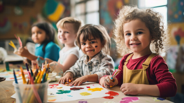 happy kids doing arts and crafts in day care centre