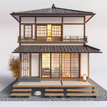 Tiny two floor timber frame house with single front doors and terrace with japanese theme design real photo