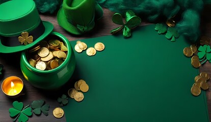 Generative AI  Saint Patrick's Day concept. Top view photo of leprechaun hat gift boxes pot with gold coins and clovers on isolated green background with copyspace

