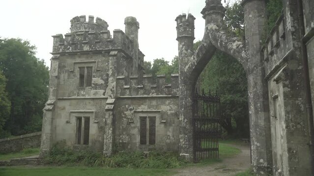 Ancient gates. Ancient architecture. Ballysaggartmore Towers in 4k