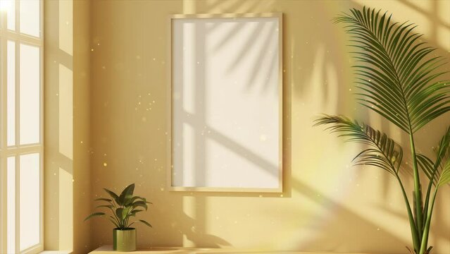 poster mockup on beige wall with sunlight. frame mockup interior in beige colors with side view. seamless looping overlay 4k virtual video animation background 