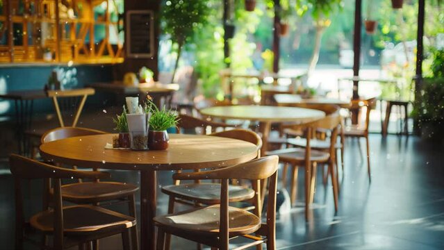 view of stylish empty cafe with arranged tables and chairs. cozy cafe ambiance. seamless looping overlay 4k virtual video animation background 
