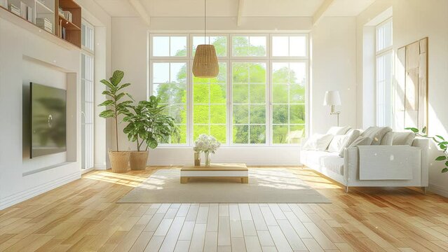 modern oncept living room with big window and sunlight. modern bright interior. seamless looping overlay 4k virtual video animation background 