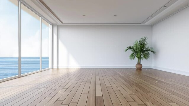 sea view living room with wooden floor and empty wall. seamless looping overlay 4k virtual video animation background 