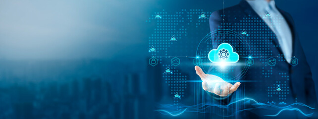 Cloud Computing: Businessman Holding Cloud Computing on Global Technology Network, Data Storage,...